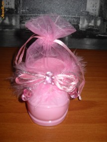 Marturie botez fetite/ fete/ bebe roz botosel, pantofior, papucel din plastic cu puf si saculet organza foto