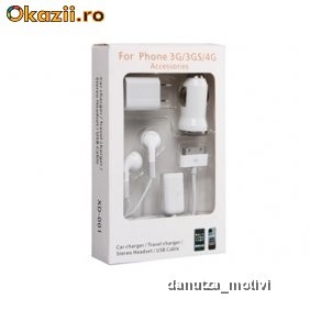 Set iPhone/iPod/iPad cablu de date + incarcator camera + incarcator masina + handsfree foto mare