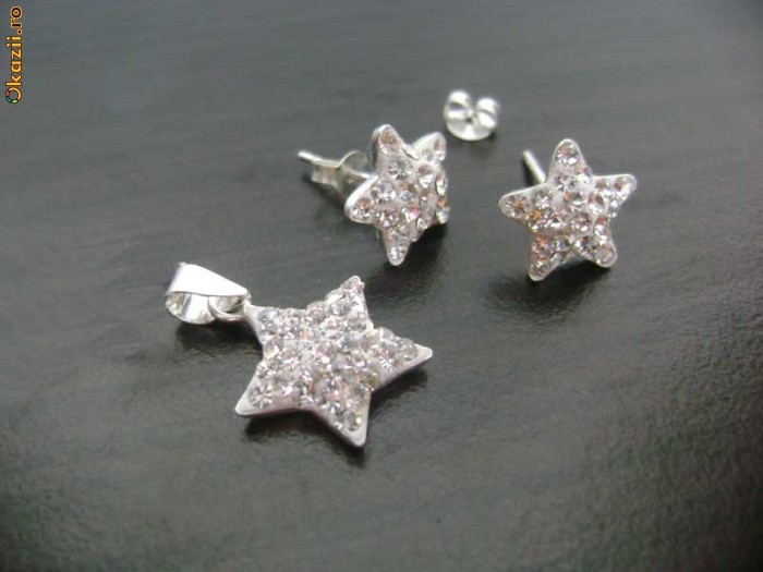 SET ARGINT MODEL STEA CRISTALE SWAROVSKI ALBE foto mare