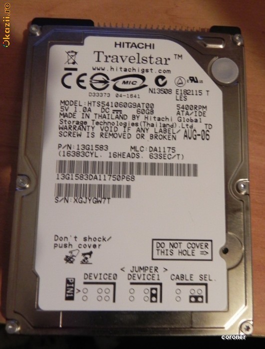 HDD Hard Drive Laptop 2.5 Hitachi Travelstar 60 GB ATA IDE HTS541060G9A - Transport Gratuit foto mare